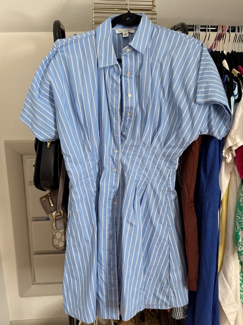 Women’s Light Blue & White Vertical Stripe Short-Sleeve Button-Down Mini Dress